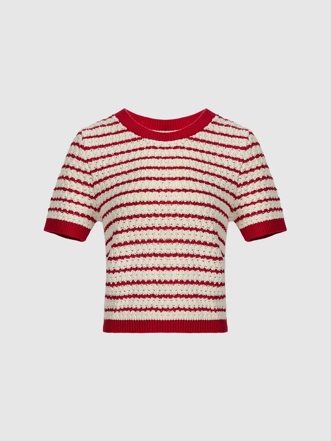 Cotton striped textured knit rib-trim T-shirt in red and cream with short sleeves.