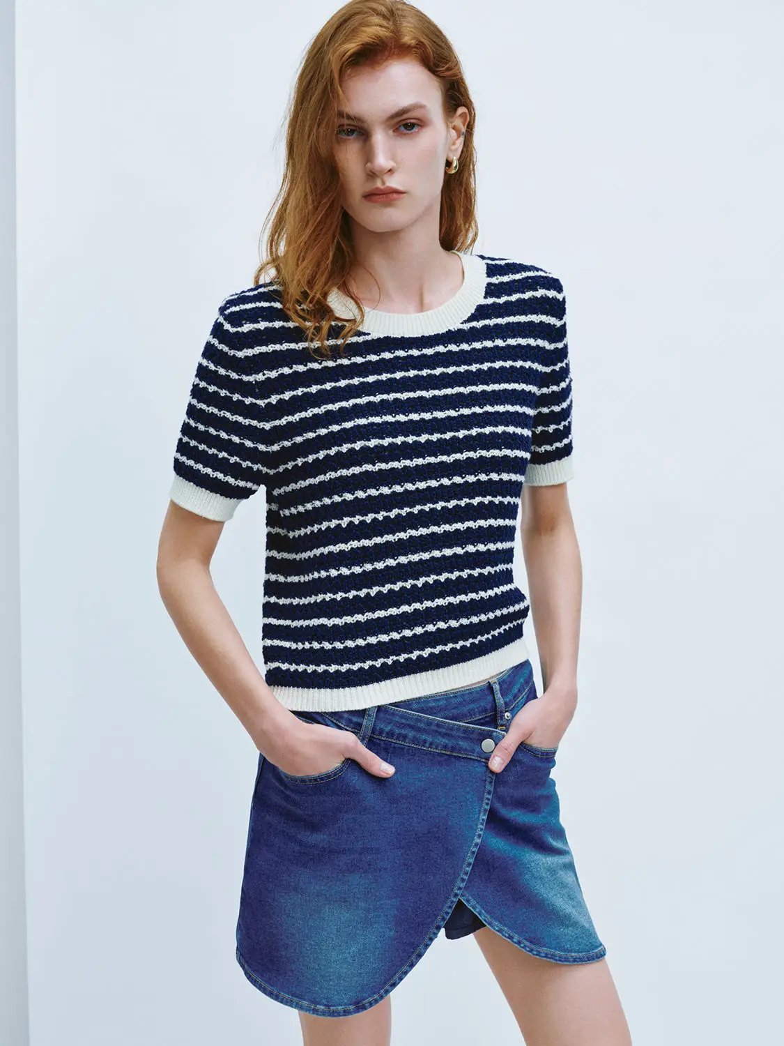Cotton striped textured knit rib-trim T-shirt in navy/white by Urban Revivo Fashion
