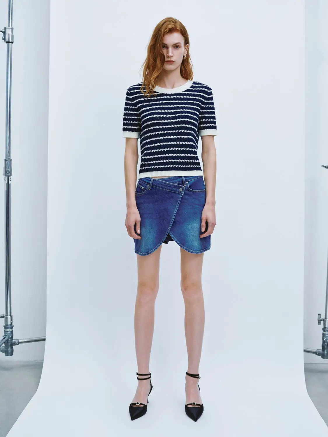 Cotton Striped Textured Knit Rib Trim T-Shirt in navy and white, short-sleeve top.