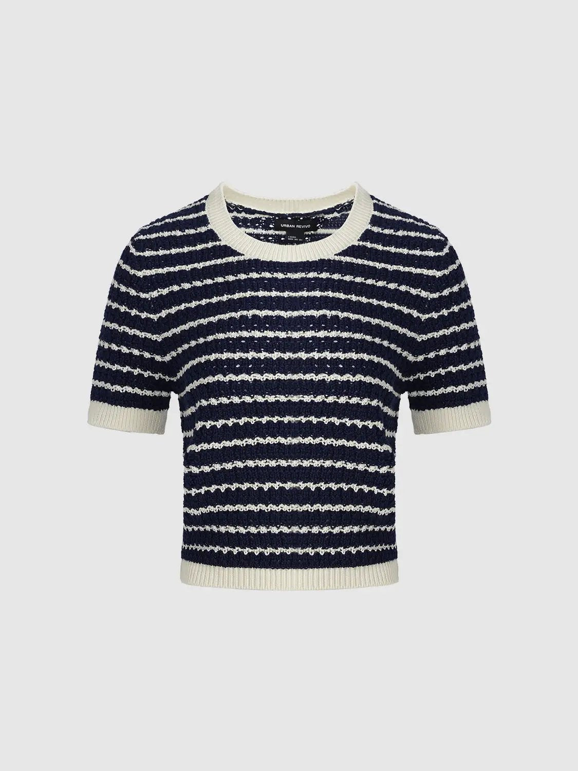 Cotton striped knit T-shirt with cream rib trim, navy and white stripes