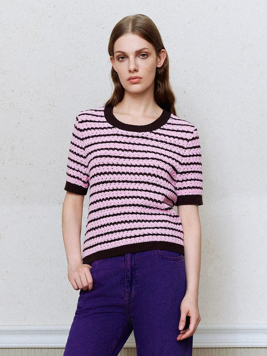 Cotton Striped Textured Knit Rib Trim T-Shirt