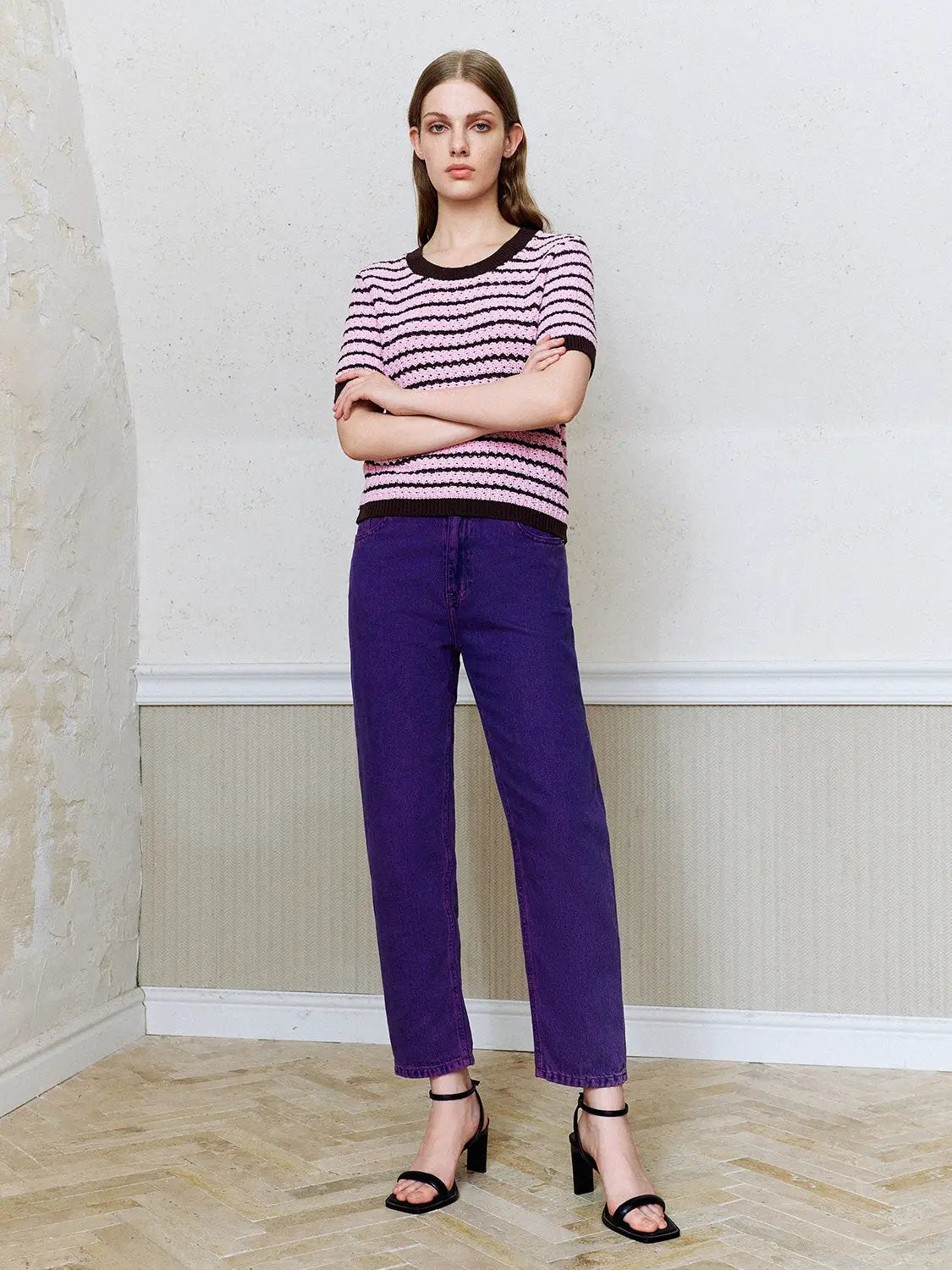 Cotton striped textured knit rib-trim T-shirt in pink and black