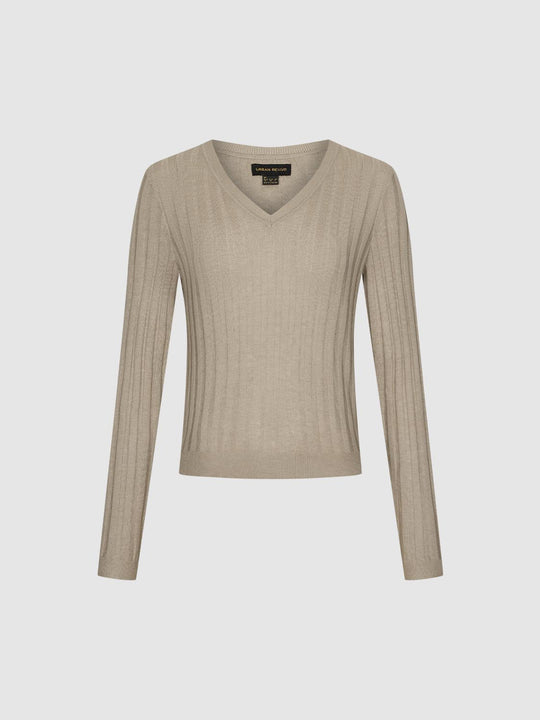 Rib Knit V-Neck Long Sleeve T-Shirts