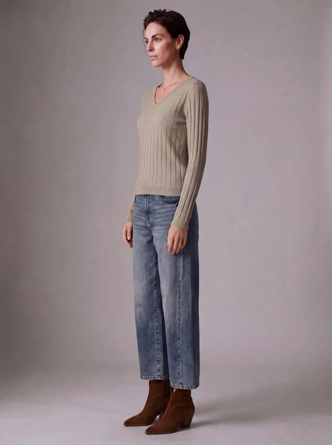 Rib-knit V-neck long-sleeve T-shirt by Urban Revivo Fashion in beige