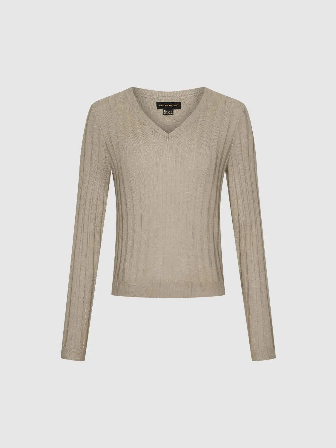 Rib Knit V-Neck Long Sleeve T-Shirt in beige by Urban Revivo Fashion