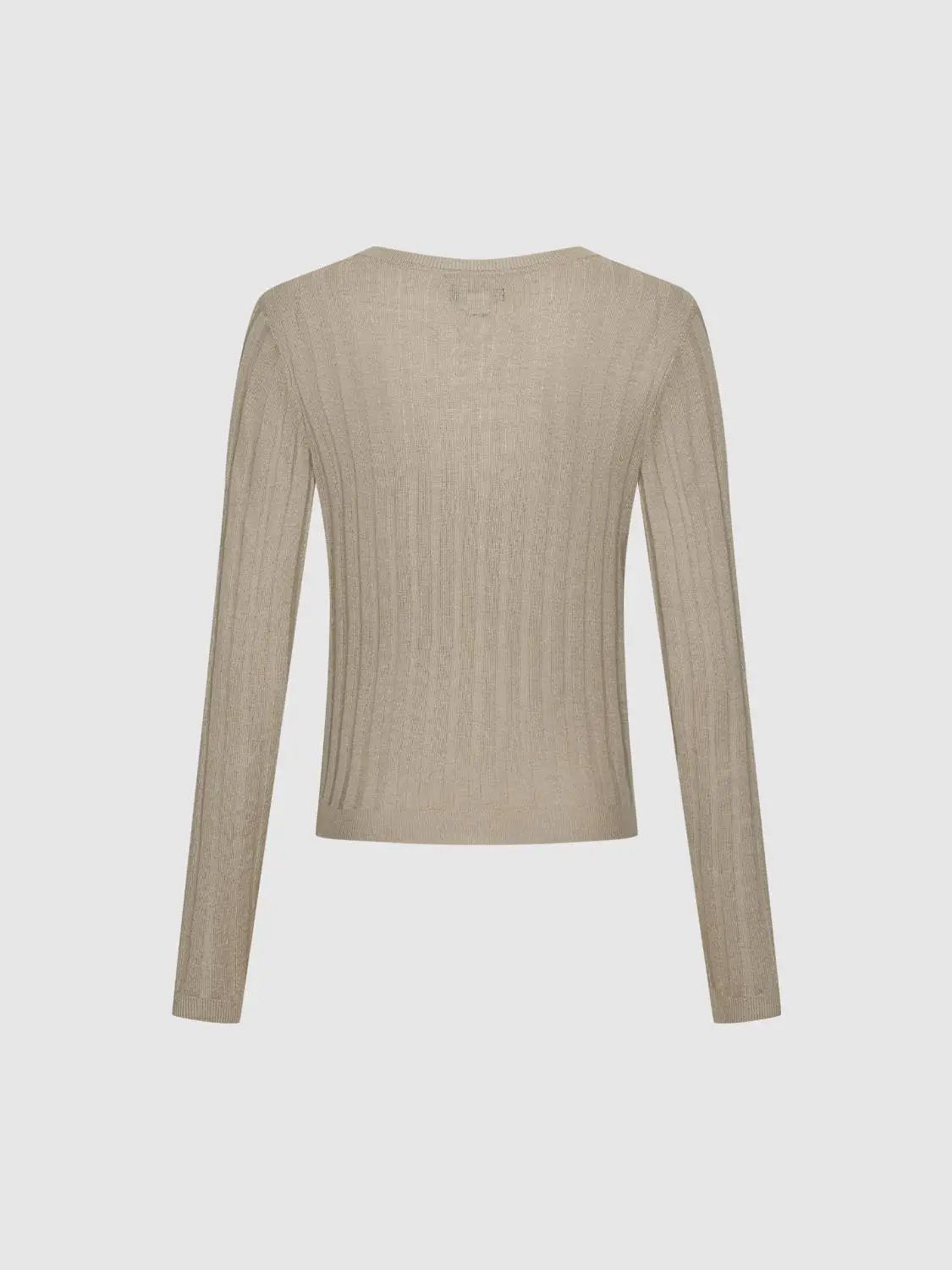 Rib Knit V-Neck Long Sleeve T-Shirts by Urban Revivo Fashion, beige rib-knit top
