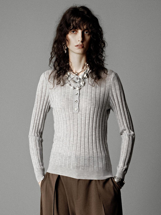 Ribbed Henley Neck Knitted T-Shirts