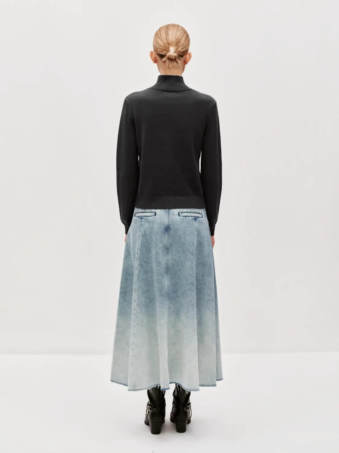 Mock neck knitted cardigan, black, Urban Revivo Fashion, shown with a light-wash blue denim maxi skirt