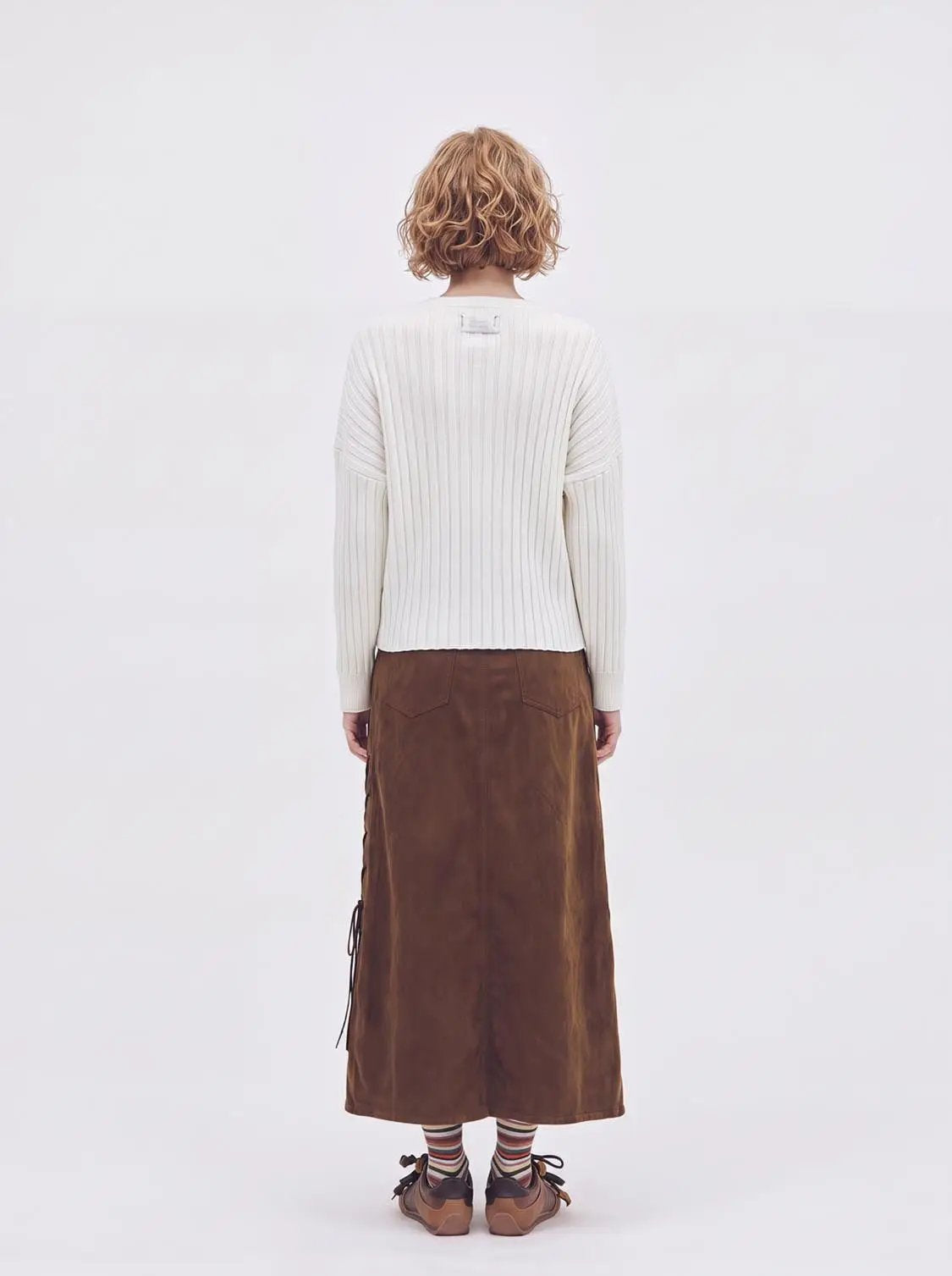 Women's long sleeve knitted T-shirts in cream ribbed knit, back view