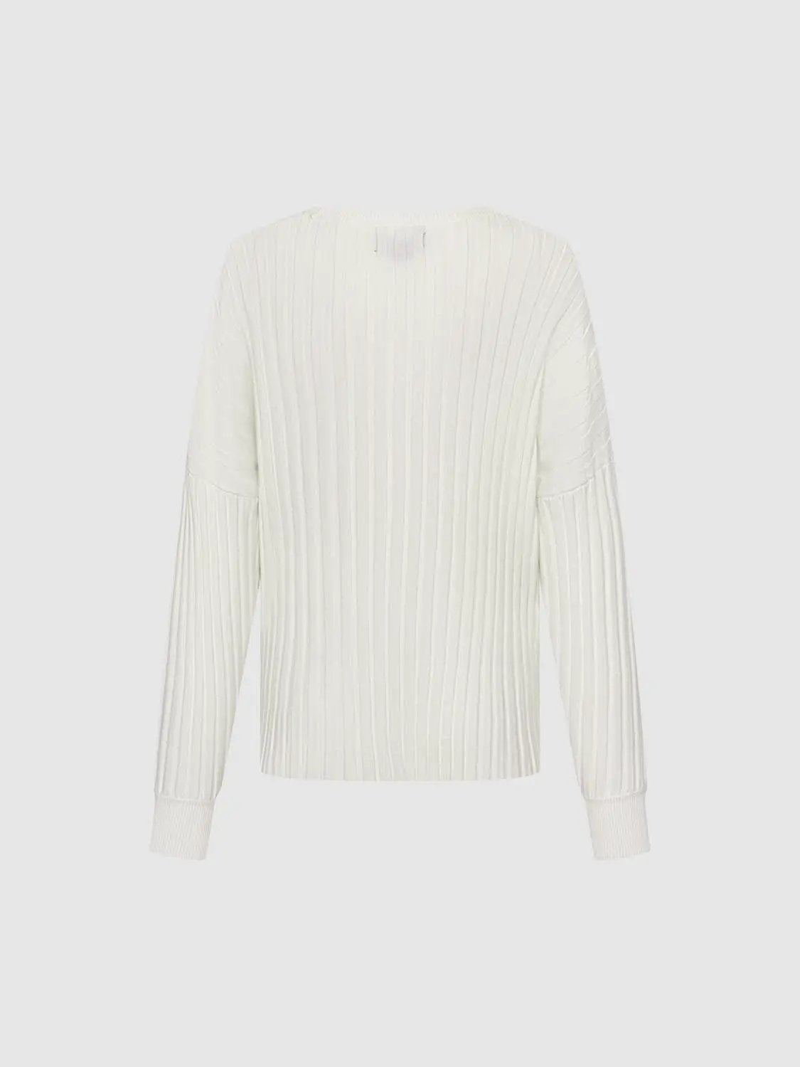 Long sleeve knitted T-shirts in ivory ribbed knit, back view.