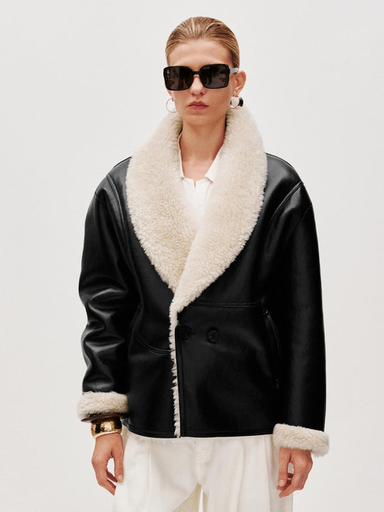 Faux Fur Trim Faux Leather Wool Jackets