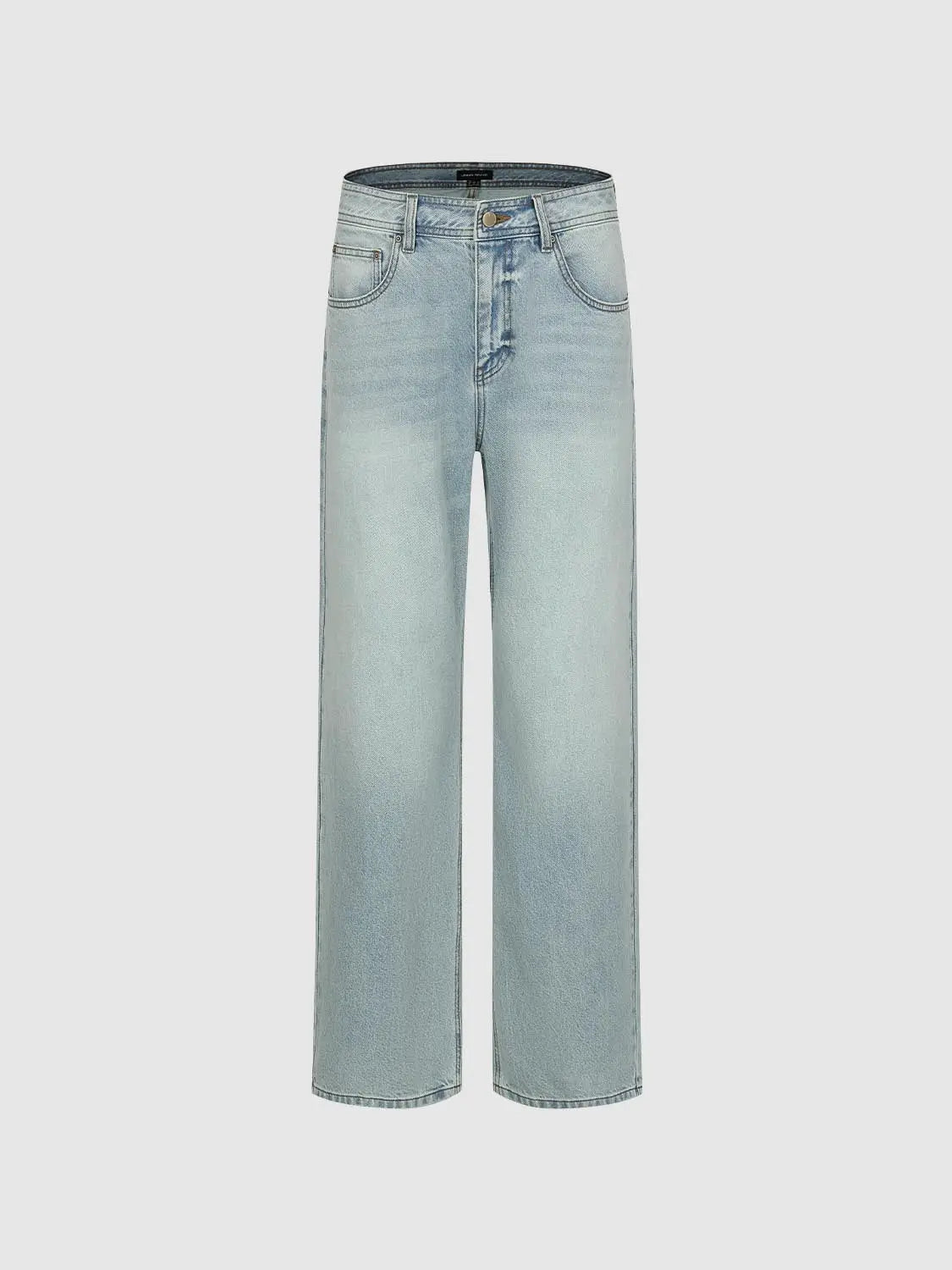 Jeans, light-wash denim with faded thighs, classic five-pocket styling, whiskering, straight-leg silhouette.