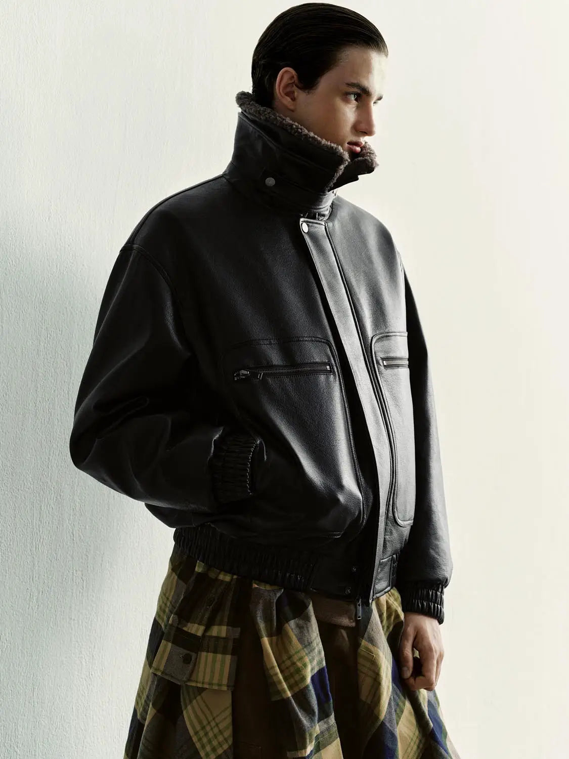 Padded Jacket Urban Revivo Fashion; black leather-look with shearling collar and zip pockets