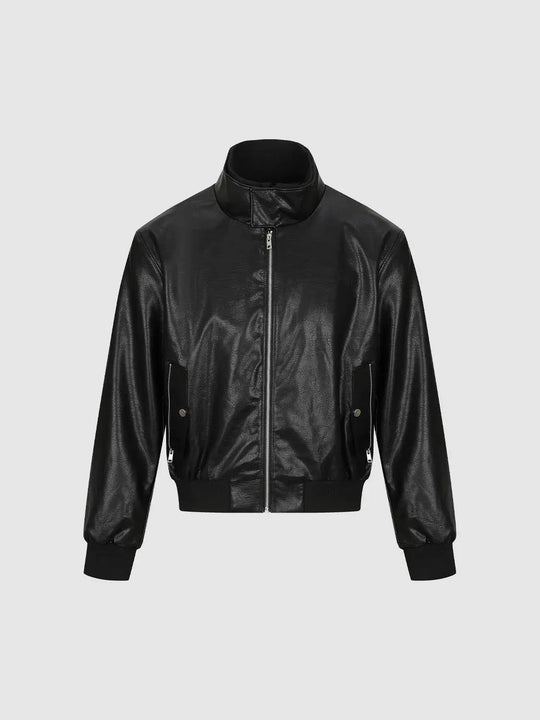 Zipper Front Ribbed Long Sleeve Faux Leather Jacket