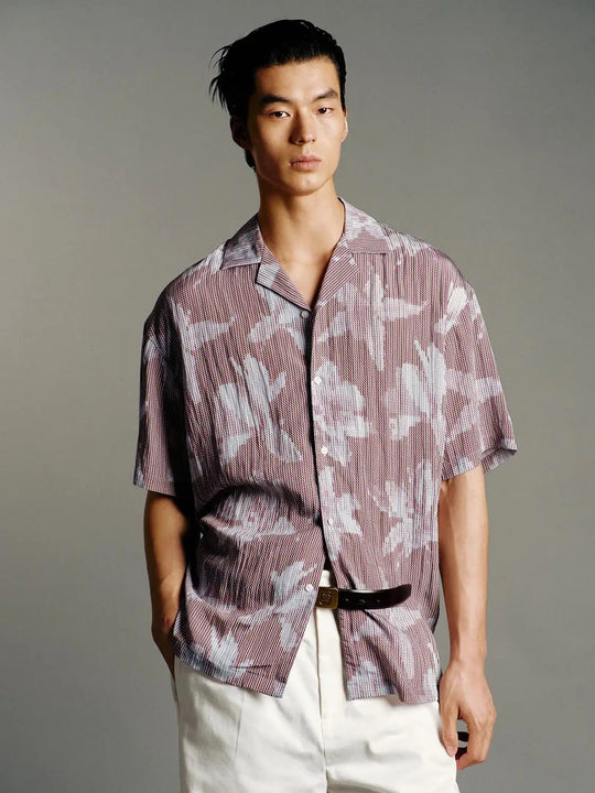 Viscose Textured Stripe Short-Sleeve Shirts