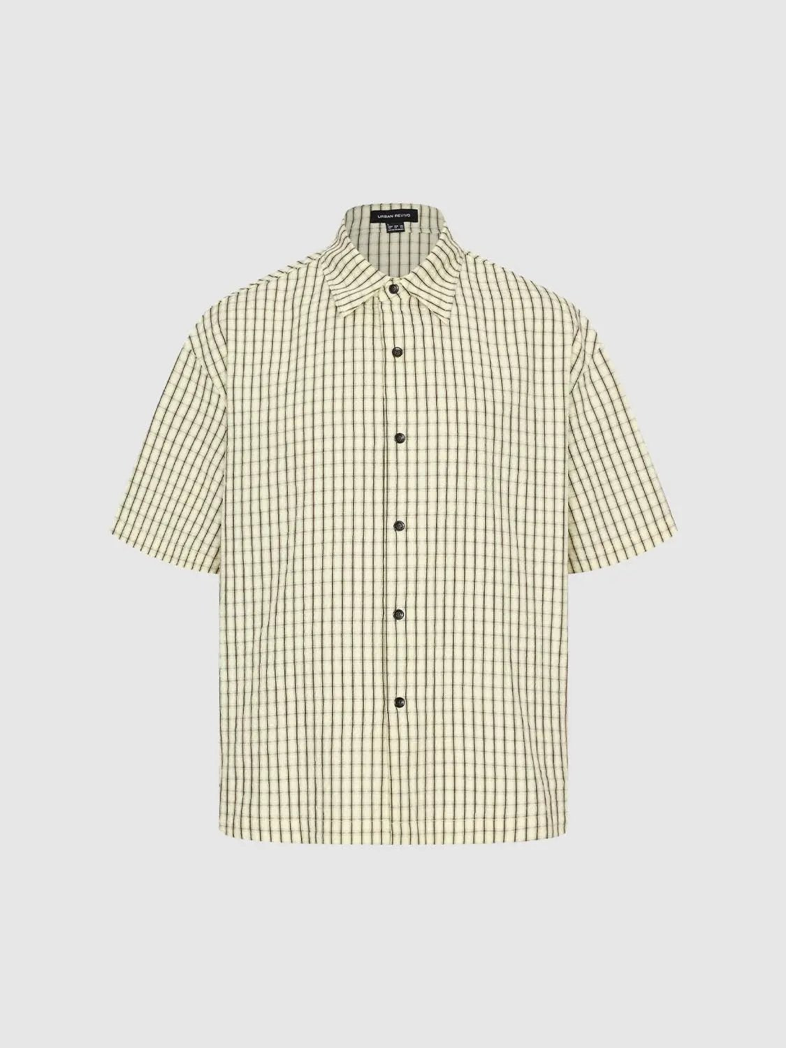 Button-front shirt from Urban Revivo Fashion in cream with a black grid pattern; short-sleeve, collared.