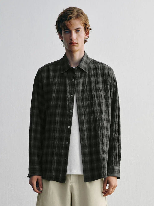 Textured Checked Cotton Long Sleeve Shirt