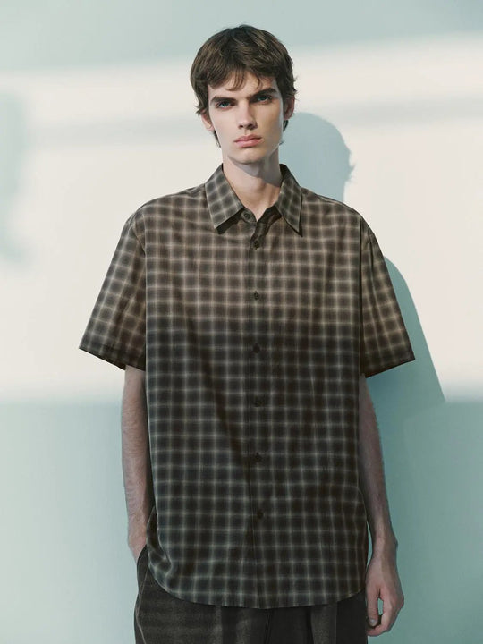 Checked Oversized Shirt Collar Short Sleeve Cotton Shirt