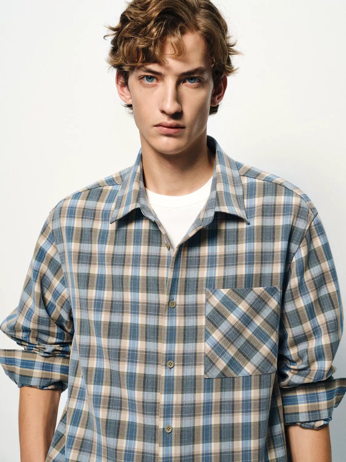 Cardigan by Urban Revivo Fashion in blue plaid, button-front with chest pocket.