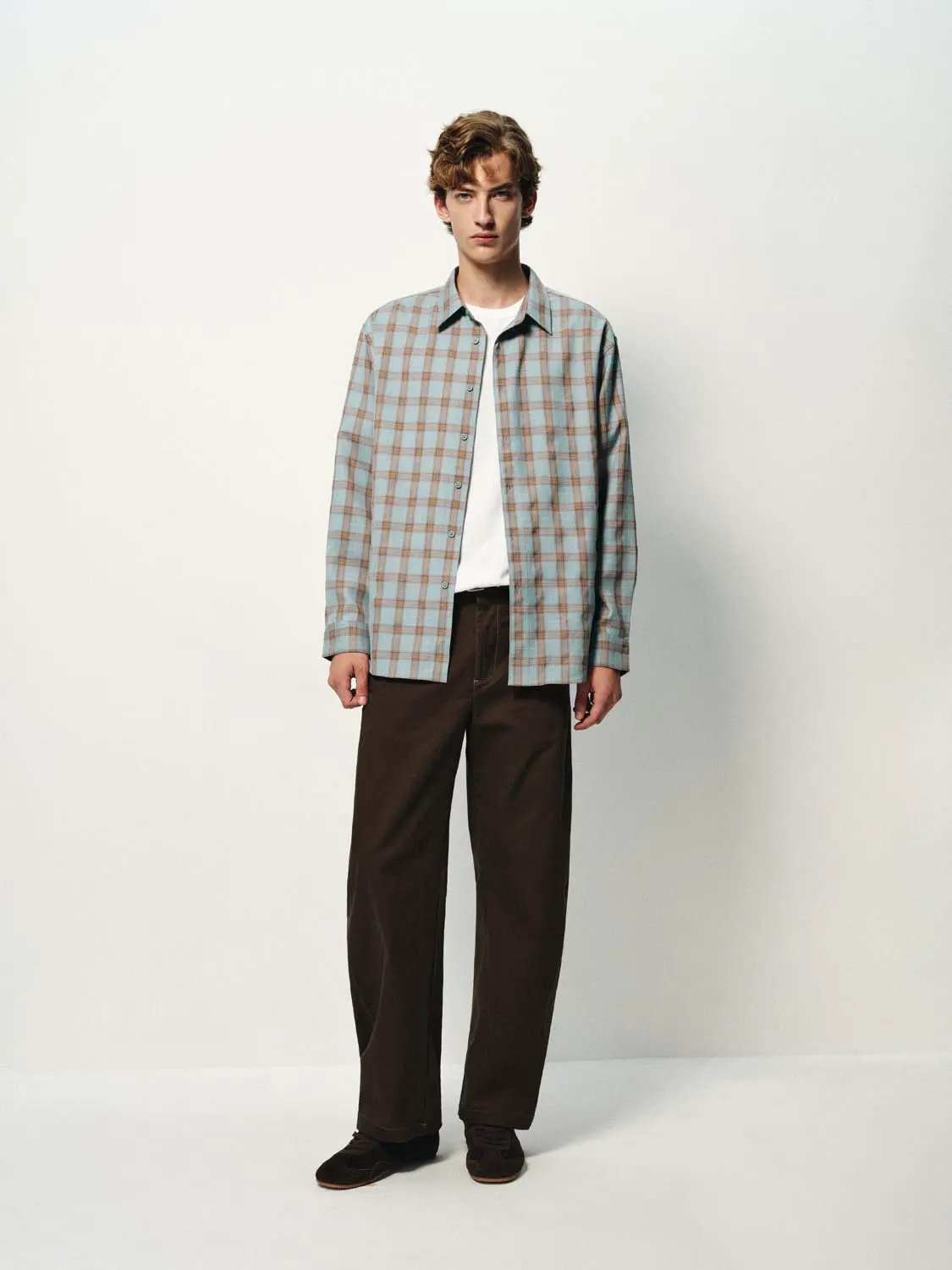 Open-Front Shirts by Urban Revivo Fashion; light blue and beige plaid long-sleeve shirt over white tee