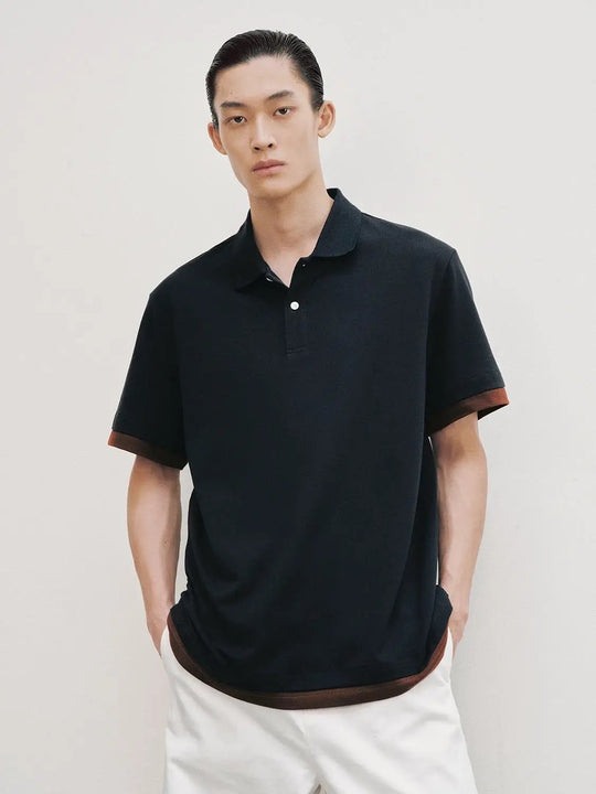 Polo Collar With Brown Sleeve Trim Cotton Shirt