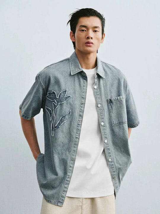 Patchwork Detail Short Sleeve Shirts With Slight Stretch And Medium Thickness
