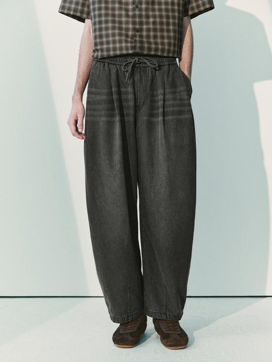 Drawstring Checked Cotton Blend Wide-leg Jeans