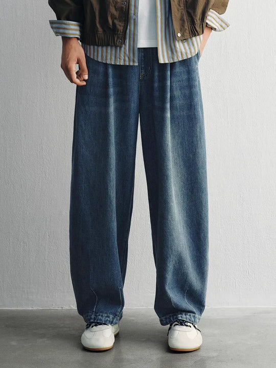 Washed Pleated Oversized Wide-leg Cotton Blend Jeans