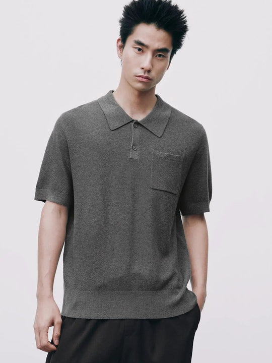 Textured Knit Polo Collar Pocket T-shirt