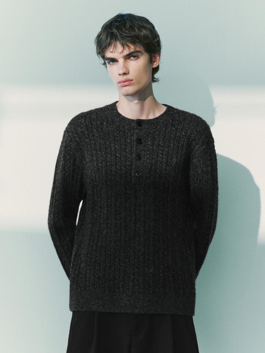Ribbed Crew Neck Button Detail Long Sleeve Sweater