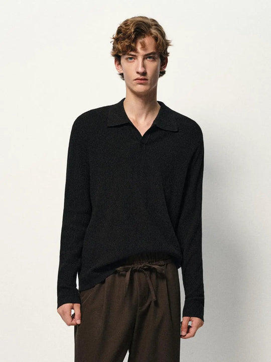 Ribbed Knit Polo Collar Long Sleeve Sweater