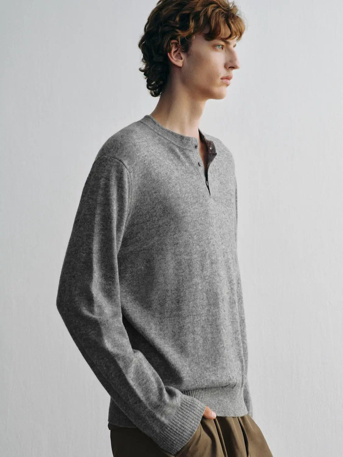 Knit T-Shirt gray knitted pullover with henley neckline, long sleeves