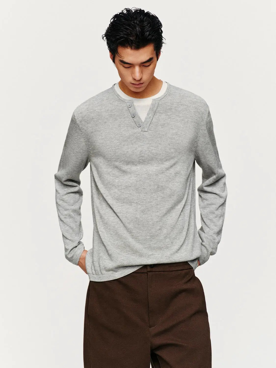 Knit T-Shirt by Urban Revivo Fashion, gray heather long-sleeve knit with buttoned Henley placket.