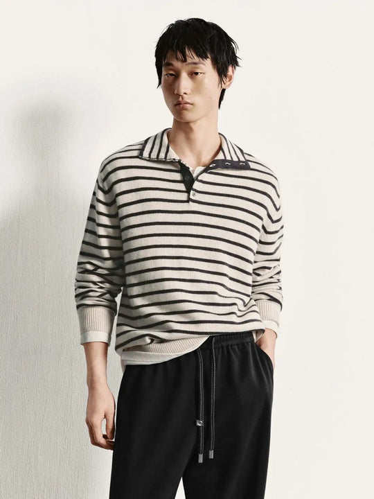 Horizontal Striped Long Sleeve Polo Collar Ribbed Sweater