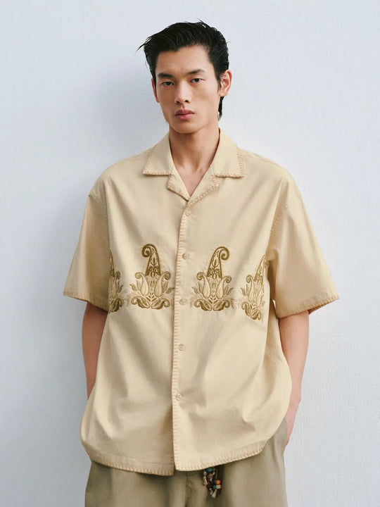 Linen Cotton Blend With Intricate Gold Embroidery Short Sleeve Shirts