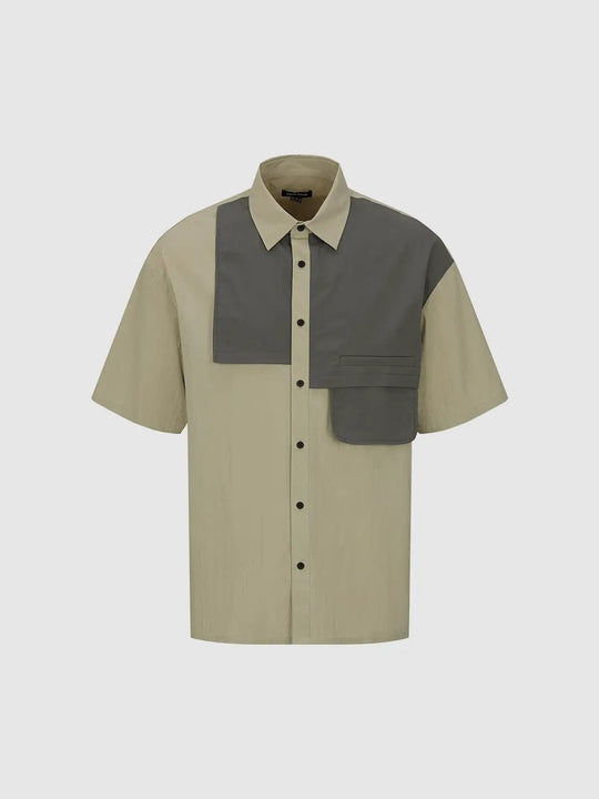 Color Block Patchwork Cotton Blend Lightweight Stretch Short Sleeve Shirts