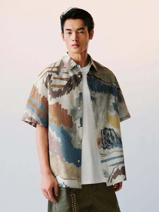 Abstract Landscape Print Short Sleeve Shirt
