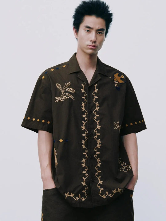 Embroidered Vine Motif Front Panels Cotton Shirt