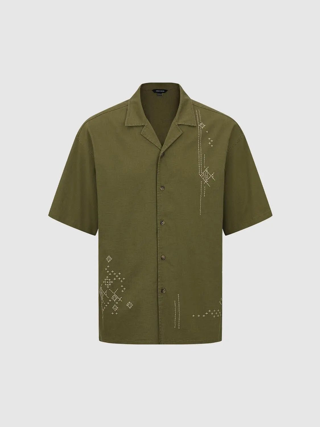 Button-front shirt in olive green with short sleeves and white embroidery on chest and hem, Urban Revivo Fashion