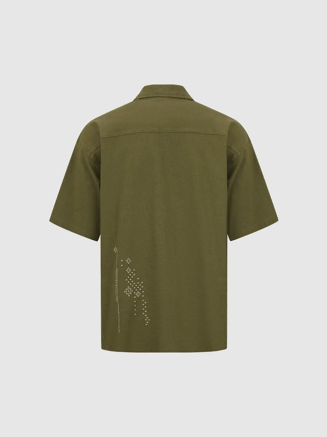 Button-front shirt by Urban Revivo Fashion in olive green with short sleeves and decorative embroidery on the lower left.