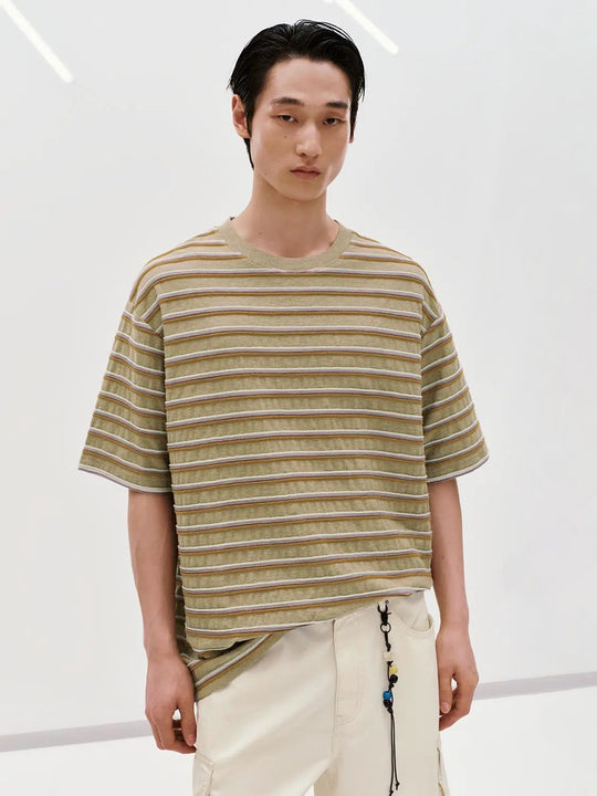 Textured Cotton Striped Crew Neck T Shirt