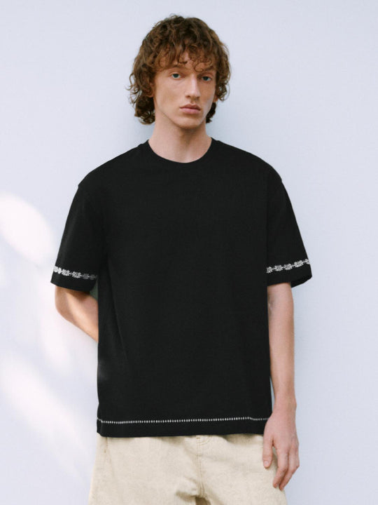 Embroidered Trim Crew Neck T-Shirts
