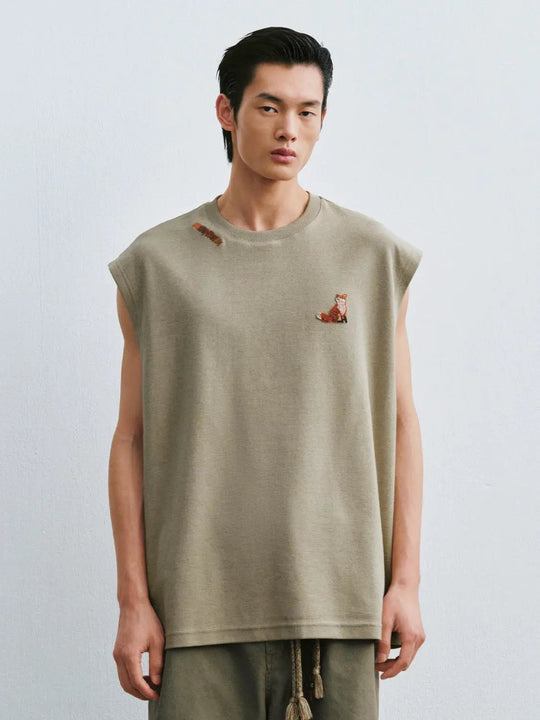 Embroidered Fox Cotton Blend Sleeveless T-Shirts