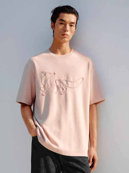 Pastel Pink Embroidered Dog Outline Cotton T-shirt