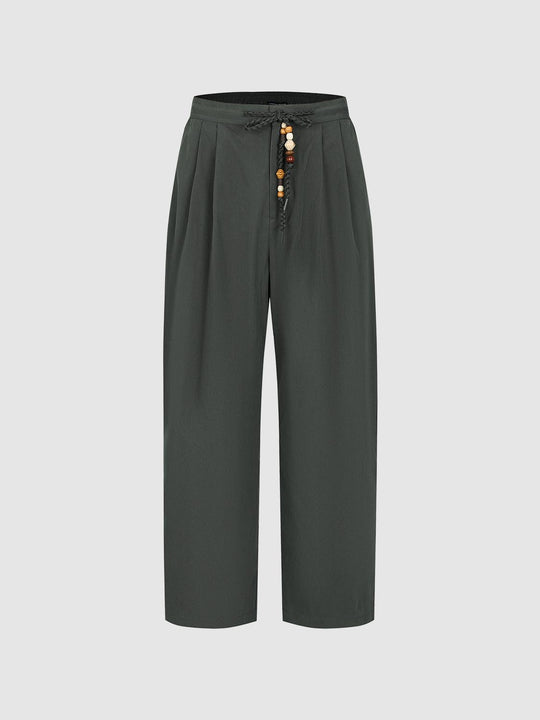 Drawstring Contrast Trim Pleated Wide Leg Pants