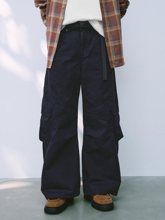 Flap Pocket Belted Wide Leg Cargo Jeans