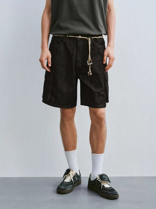 Cotton Cargo Pockets With Beaded Rope Belt And Subtle Textured Weave For Relaxed Silhouette Shorts