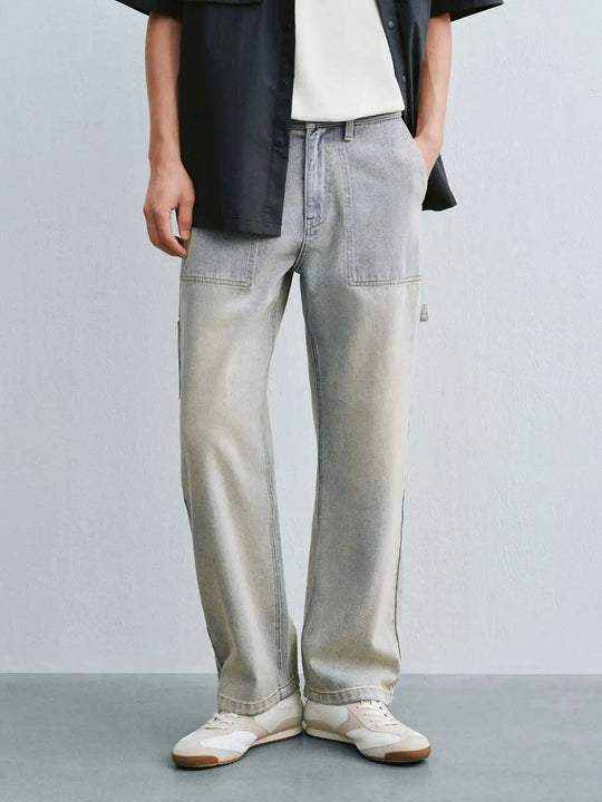 Two Tone Patch Pockets Wide-leg Cotton Jeans