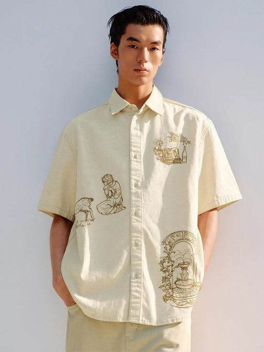 Boxy Embroidered Print Short Sleeve Shirt