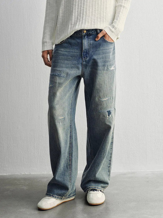 Ripped 100 Percent Cotton Wide-leg Jeans